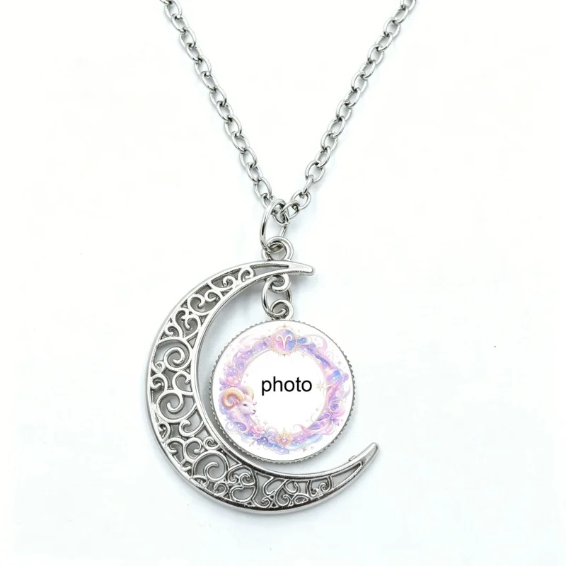 Custom Crescent Moon Necklace Photo Logo Pictures 12 Zodiac Signs Glass Pendant Necklace Baby Mom Dad Family Personalized Gift