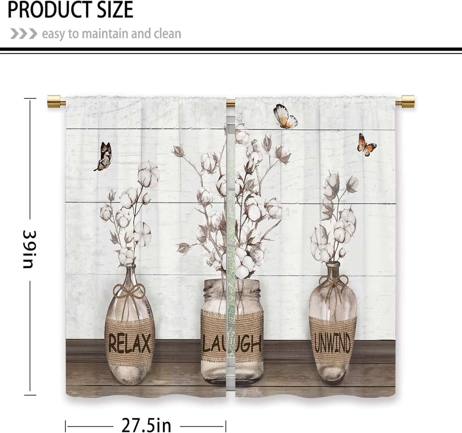 Cotton Flower Curtains Relax Laugh Unwind Print with Jar for Kitchen Living Room Window Farmhouse Decor