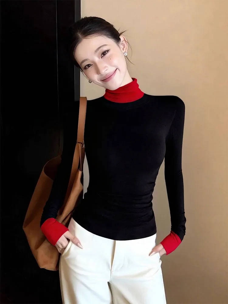 

Slim Fit Long Sve Knitted Sweater Women's Autumn Winter Korean Sle f High Collar Base Layer Top Color Blo Commute