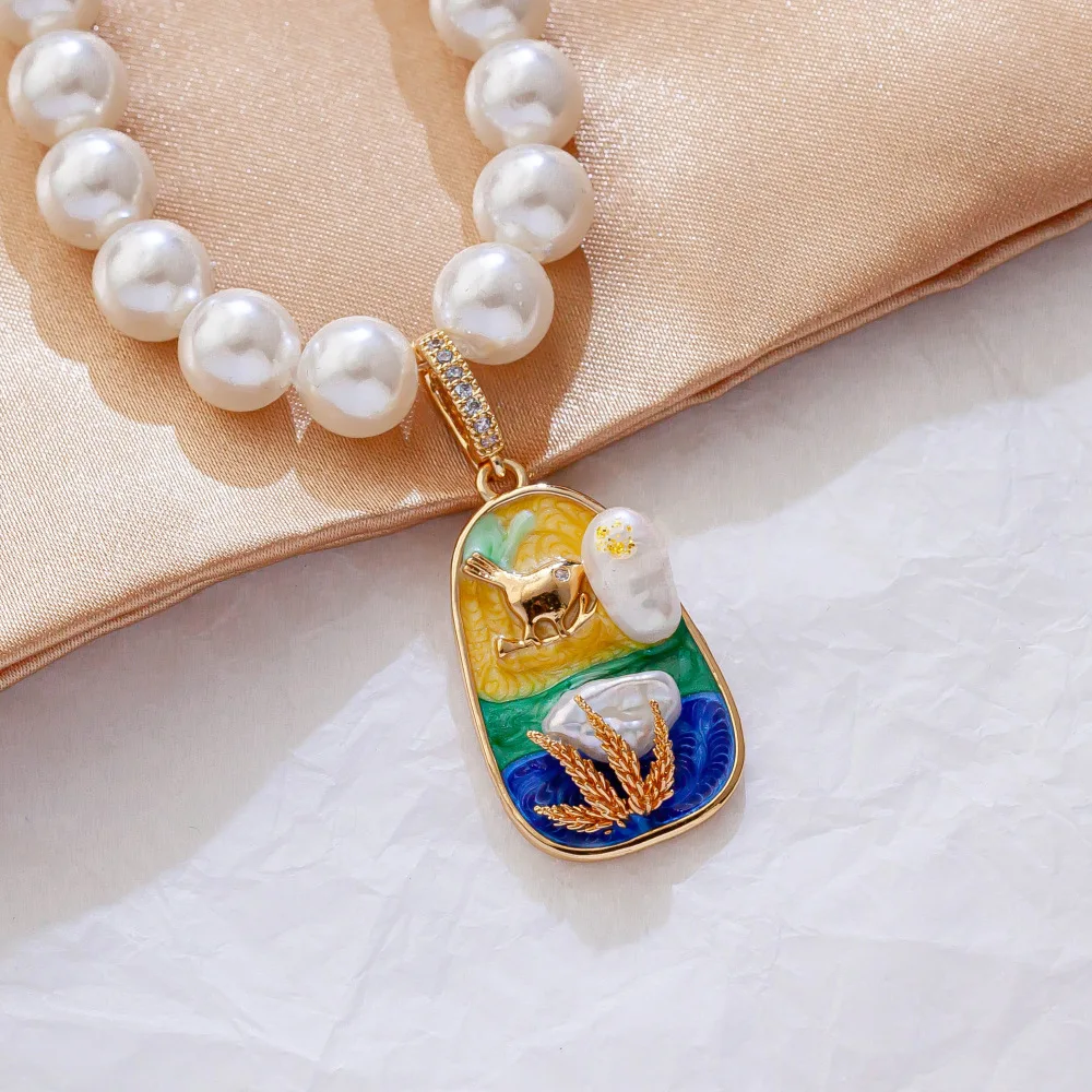 1Pc of Copper-gold Plated Jewelry Pendant Accessorie Rose Oil Painting Style DIY Necklace Pearl Chain Making Materials Wholesale