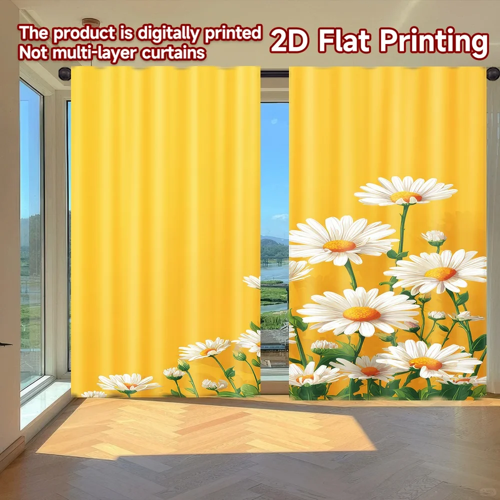 

2D flat printing 2pcs Drapes Yellow with Daisies Digital Printed Polyester Drapes Party Decorations for Art Party for Bedroom