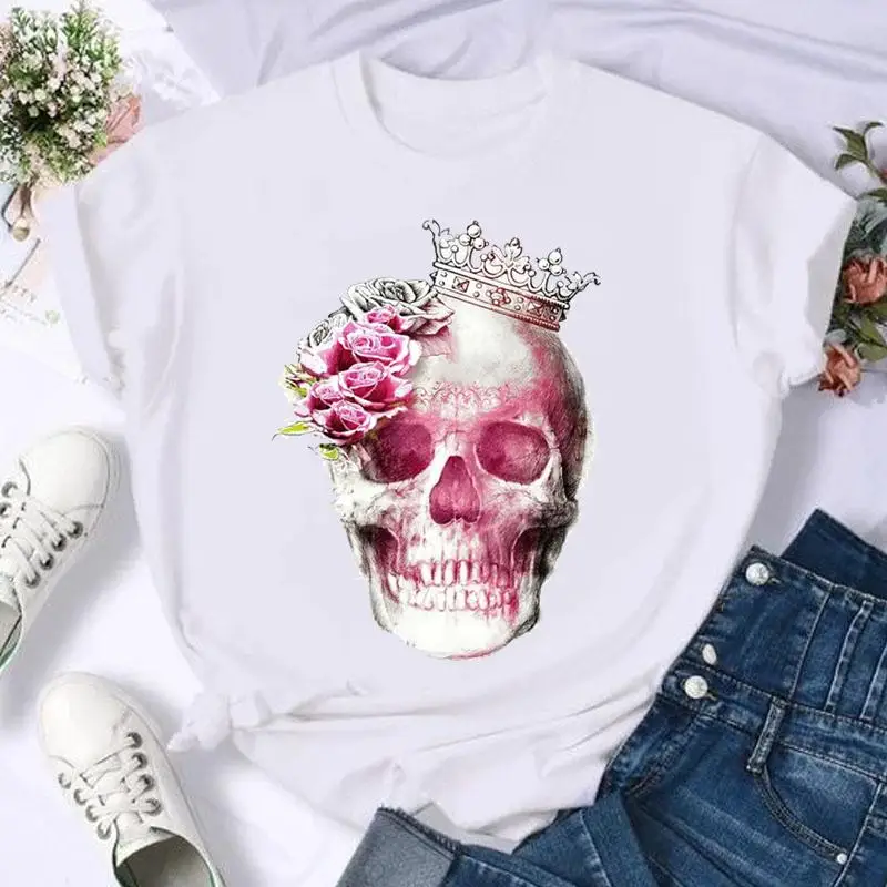 Short Sleeve Casual Top Print T Shirt Fashion Summer Women Butterfly Skull Funny 90s Female Tshirts Cartoon Graphic Tee T-Shirt