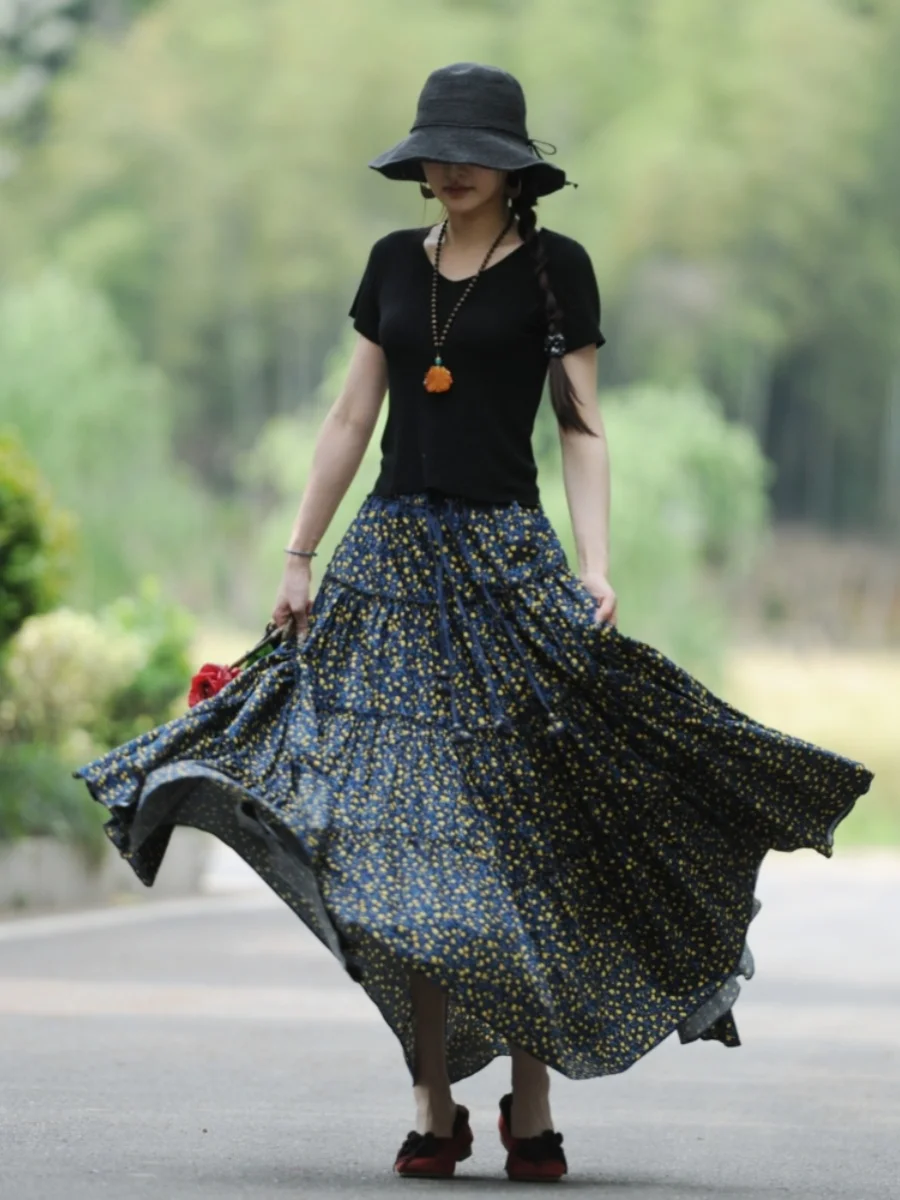 Free Shipping 2024 New Fashion Long Maxi A-line Elastic Waist Women Summer Spring S-2XL Cotton Poplin Print Big Hem Skirts