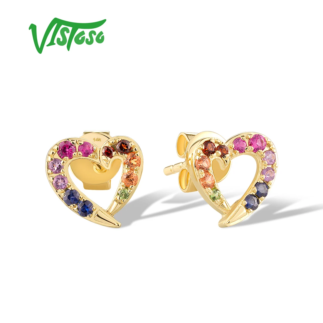 

VISTOSO Pure 14K 585 Yellow Gold Stud Earrings For Women Sparkling Multi-Color Gems Lovely Heart Wedding Engagement Fine Jewelry