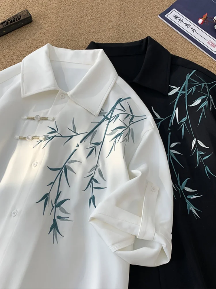 

New Chinese Style Men's Short Sleeve Shirt Summer Large Size Embroidered Seven Sleeve High End Feeling Handsome Top Coat