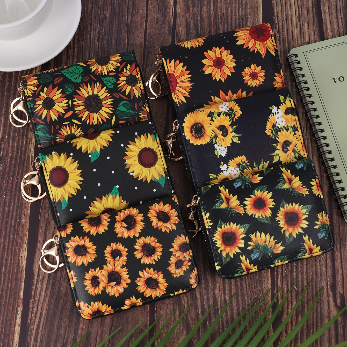 New fashion print coin purse, sunflower print short wallet, large capacity PU card holder, versatile multi-function coin purse