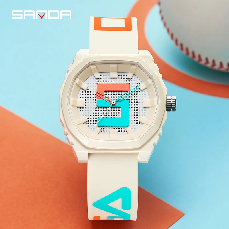 Original sanda casal relógio de quartzo colorido juventude contraste cor dial pulseira de silicone design masculino senhora relógio legal presente classmate