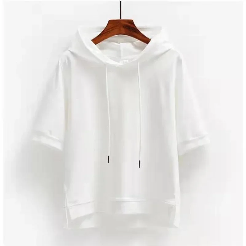 

Autumn Solid Color Hooded Versatile Women's Top Summer Short Sleeved Sweatshirts Female Y2k Outdoor Casual Pullovers Hoodies