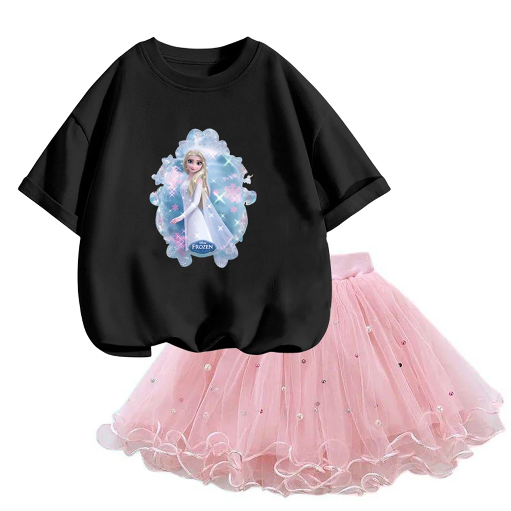 Summer 3-14 years Girls Frozen Clothing Elsa T Shirt& mesh Tutu Skirt Two Piece Set Fashion Korean Children Clothes Outfits