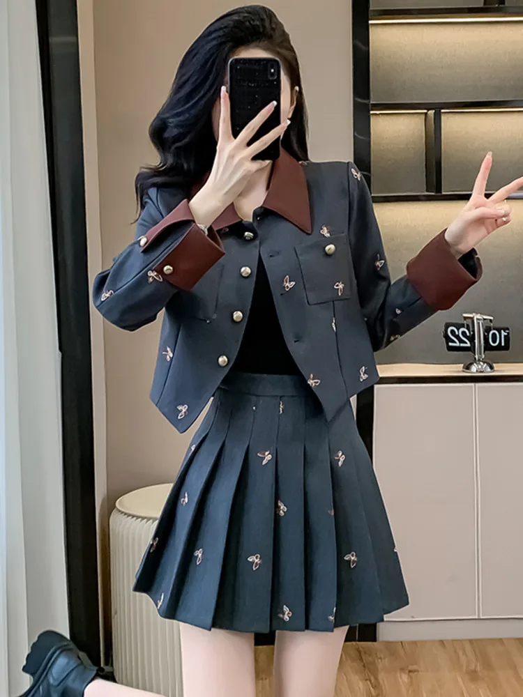 2024 Autumn Light Luxury Temperament Fashionable Suit Design Sense Heavy Embroidery Butterfly Suit Jacket + Half Pleated Skirts