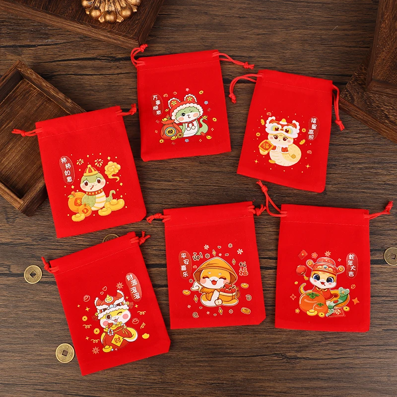 2025 Year Of The Snake Velvet Bags Red Small Candy Gift Drawstring Pouch Xmas Favor Bracelet Jewelry Packaging Bags