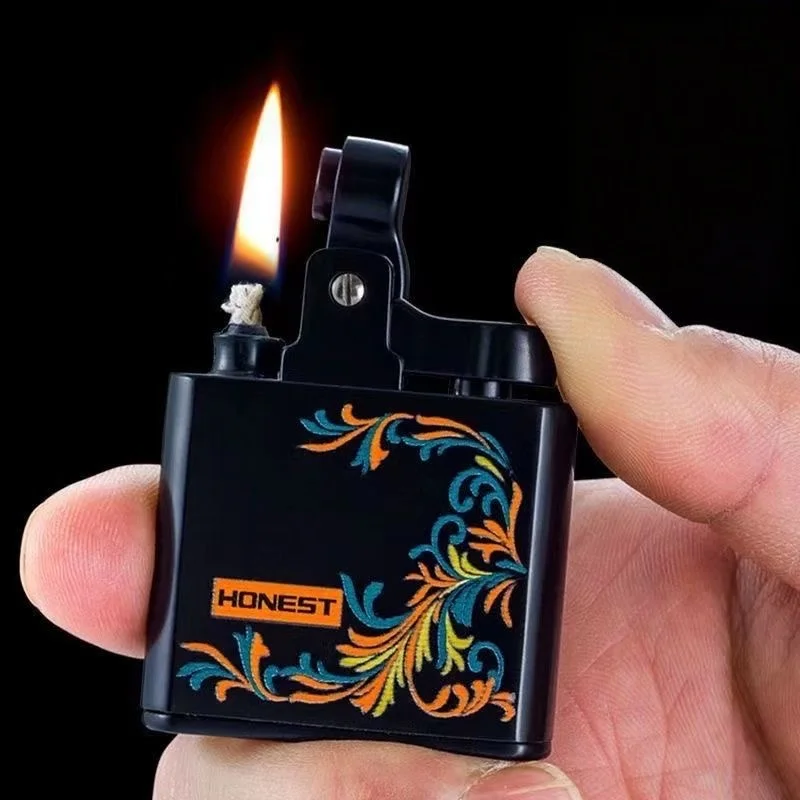 HONEST Briquet à kérosène rétro à allumage par catapulte à un clic, impression couleur exquise, grand réservoir de stockage d'huile, cadeau