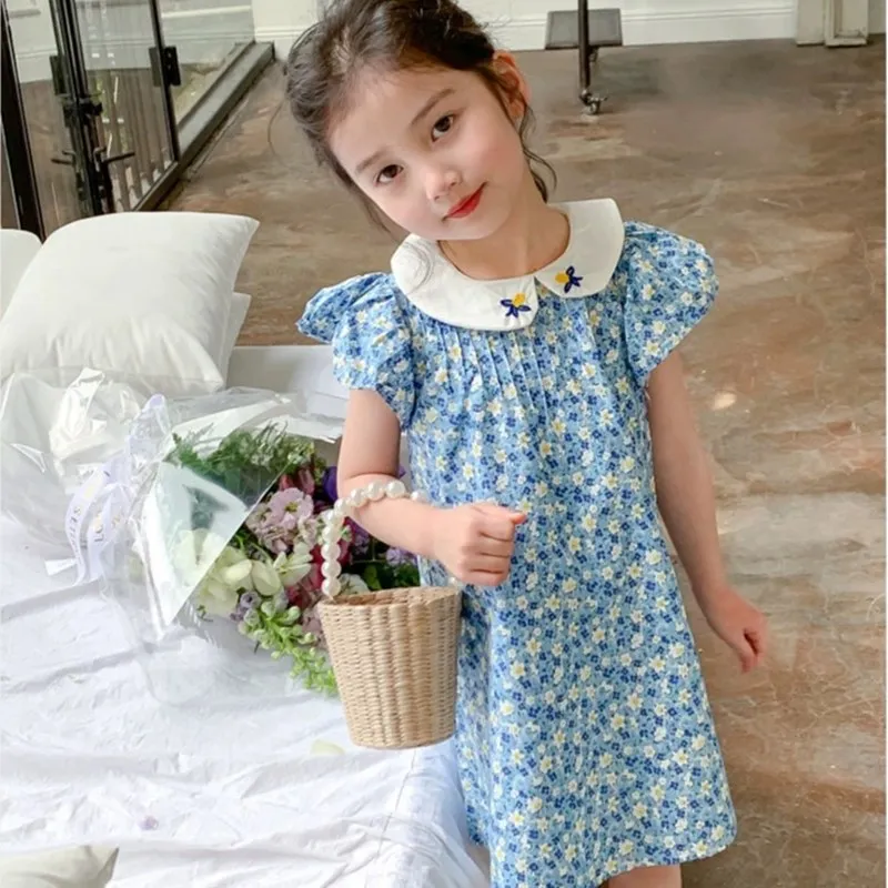 

kids girl clothes baby dresses Blue floral patterned girls' printed dress Sweet girls' summer short-sleeved dresses