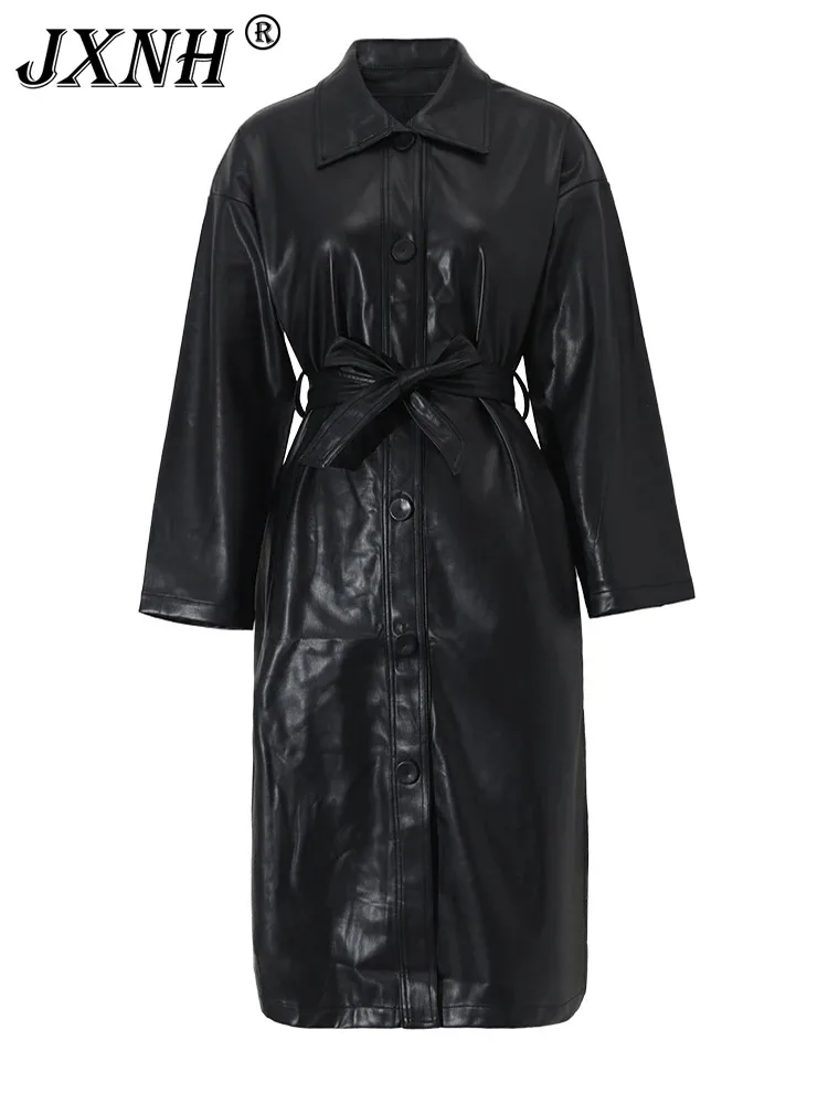 

Black Pu Leather Belted Long Trench Women New Lapel Long Sleeve Loose Fit Windbreaker Fashion Tide Spring Autumn 2024