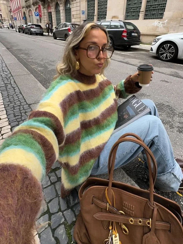 Schicker, farbenfroher gestreifter Damenpullover mit Rundhalsausschnitt, langen Ärmeln, lässiger Strickpullover, 2026 NEU Frühling, locker sitzende Damenpullover – Detail 11