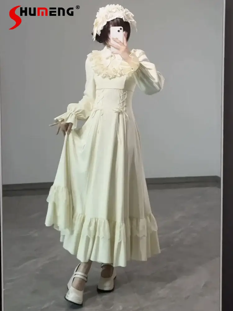 

French Style Elegant Dark Gothic Long Dress Lace Spliced Stand Collar Long Sleeves High Waist A-line Dress for Women Spring 2026