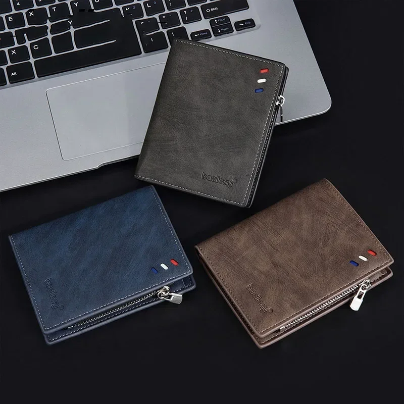 2024 New Short Vintage Men Wallets Slim Card Photo Holder Male PU Leather Wallet Small Classic Zipper Coin Pocket Square Purses