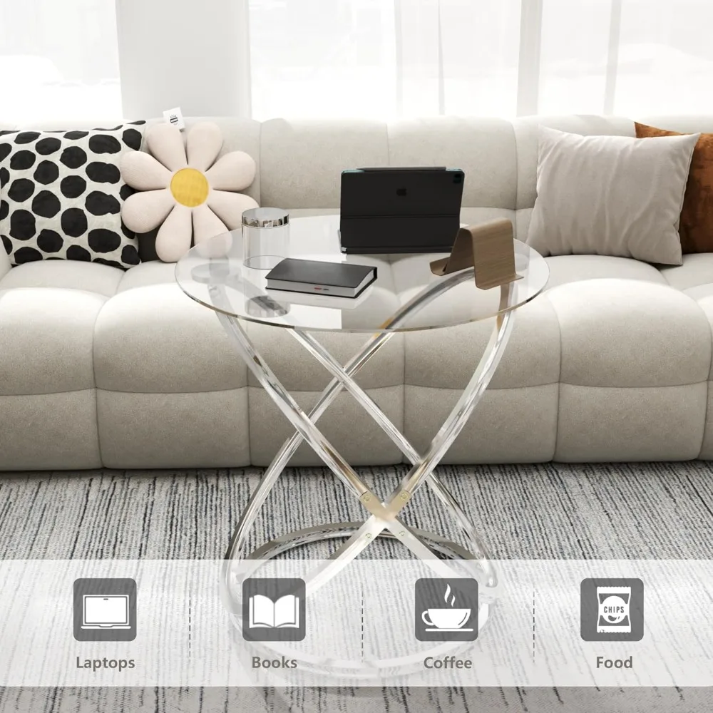 커피 테이블, 링 실버 메탈 프레임이 있는 모던 엔드 테이블, 장식용 원형 유리 커피 테이블, 작은 실버 커피 테이블