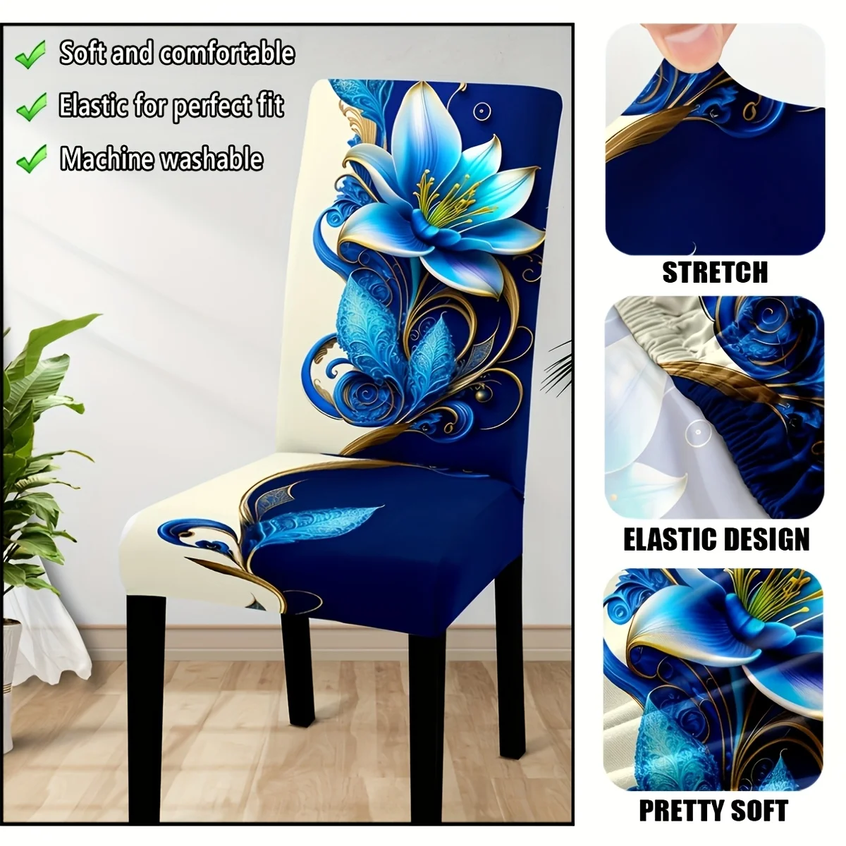 2026 New Elastic Stretch Chair Cover, Blue Lotus Floral Print, Soft & Comfortable, Machine Washable, Perfect