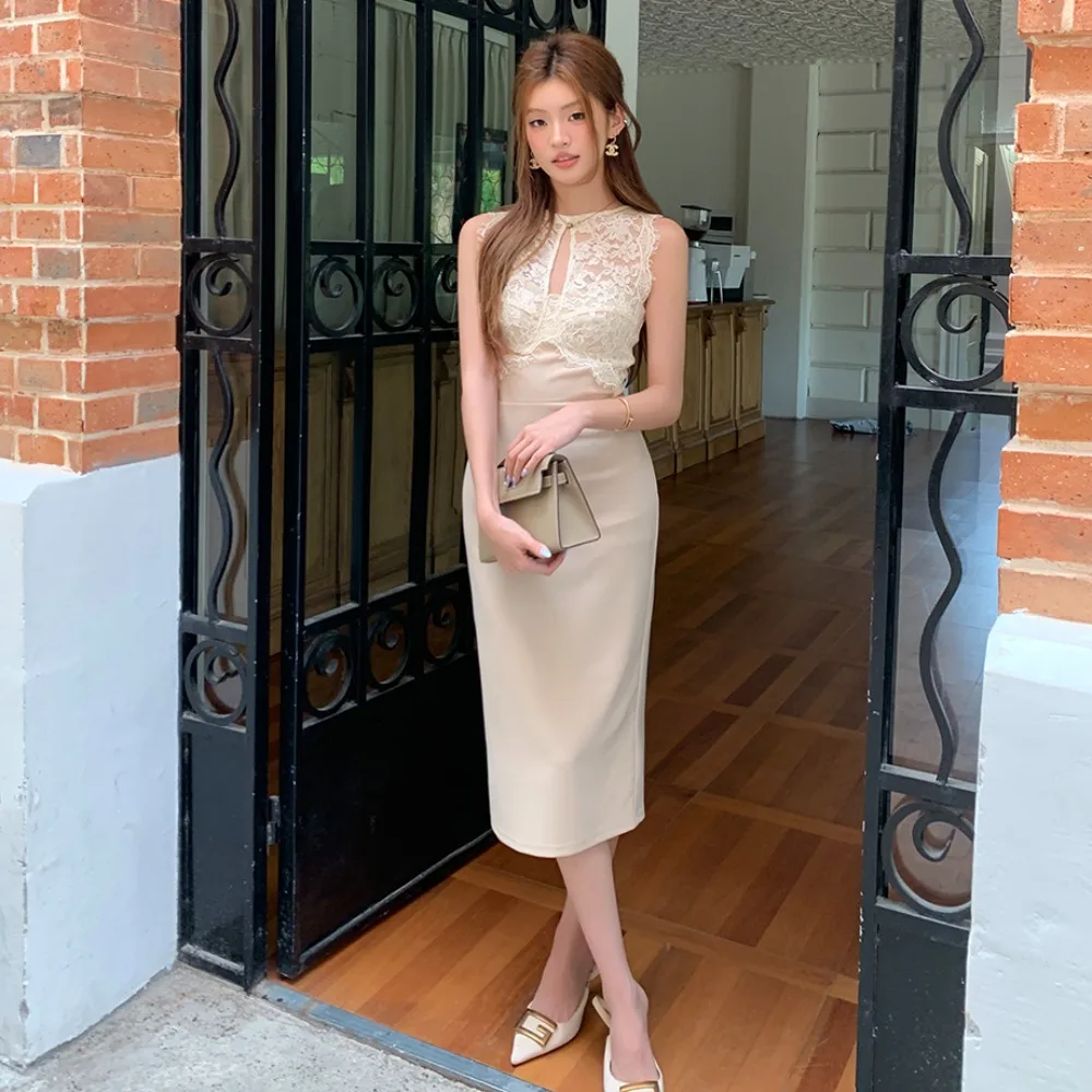 

Spring Summer New Style Lace Splicing Hollow out Sleeveless Design Women's Slimming Skirt Dress High Waist mid Length Bodycon