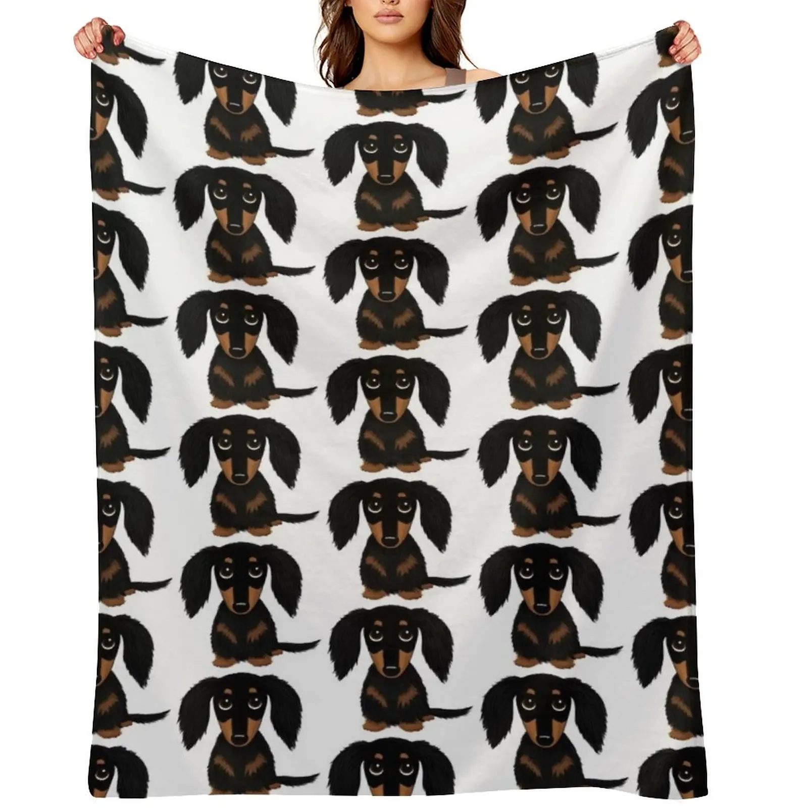 

Black and Tan Long Haired Dachshund Throw Blanket Personalized Gift Soft Plush Plaid Furrys sofa bed Blankets