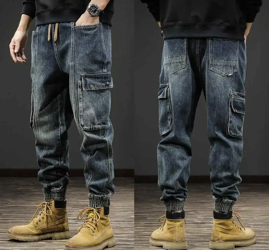 Autumn Winter Leg Tied Pants Retro Washed Workwear Jeans Men Denim Pants Loose Harem Pants