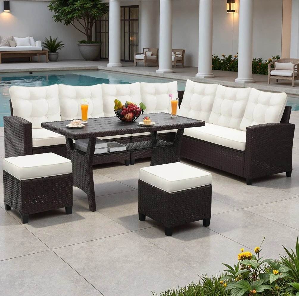 5 PCS Outdoor PE Rattan Patio Furniture Set, All Weather Sectional Conversation Sofa with 6 Cushioned Seats, 2 Ottomans & Coffee Table for Backyard Porch