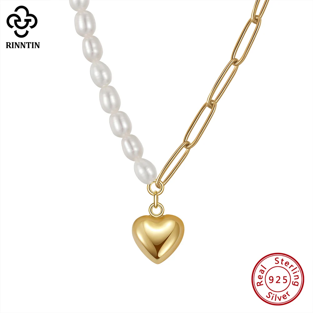 

Rinntin 14K Gold 925 Sterling Silver Paperclip Link Pearl Chain with Gold Heart Pendant for Women Necklace Party Jewelry GPN33