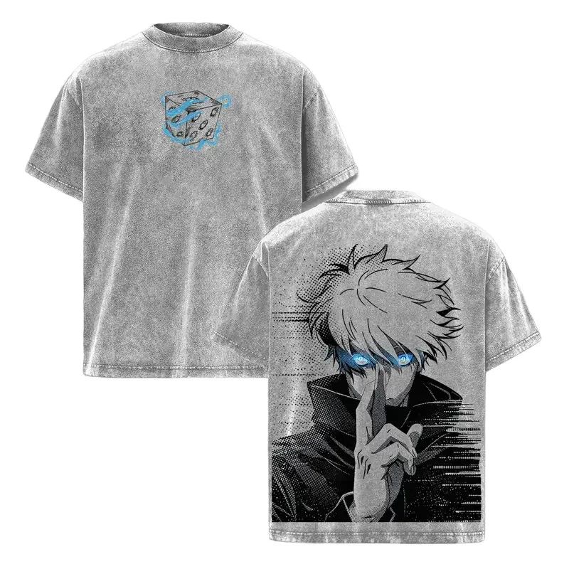 Gojo Satoru Jujutsu Kaisen Graphic T Shirt Men Short Sleeve Cotton Tshirts Vintage Washed Tee Harajuku Male Oversized T-shirt