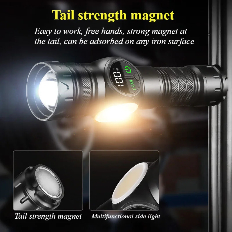 5000 lumens 6800 mah battery Outdoor camping patrol dual light source intelligent display aluminum tactical flashlight