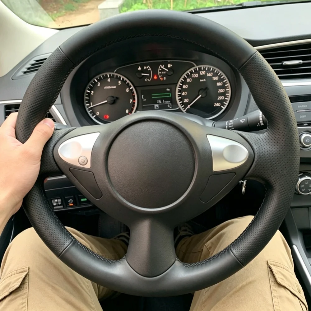 Funda de Volante de Cuero Microperforado Cosida a Mano para Nissan Juke Maxima 370Z Sentra SV, Accesorios Interiores para Auto
