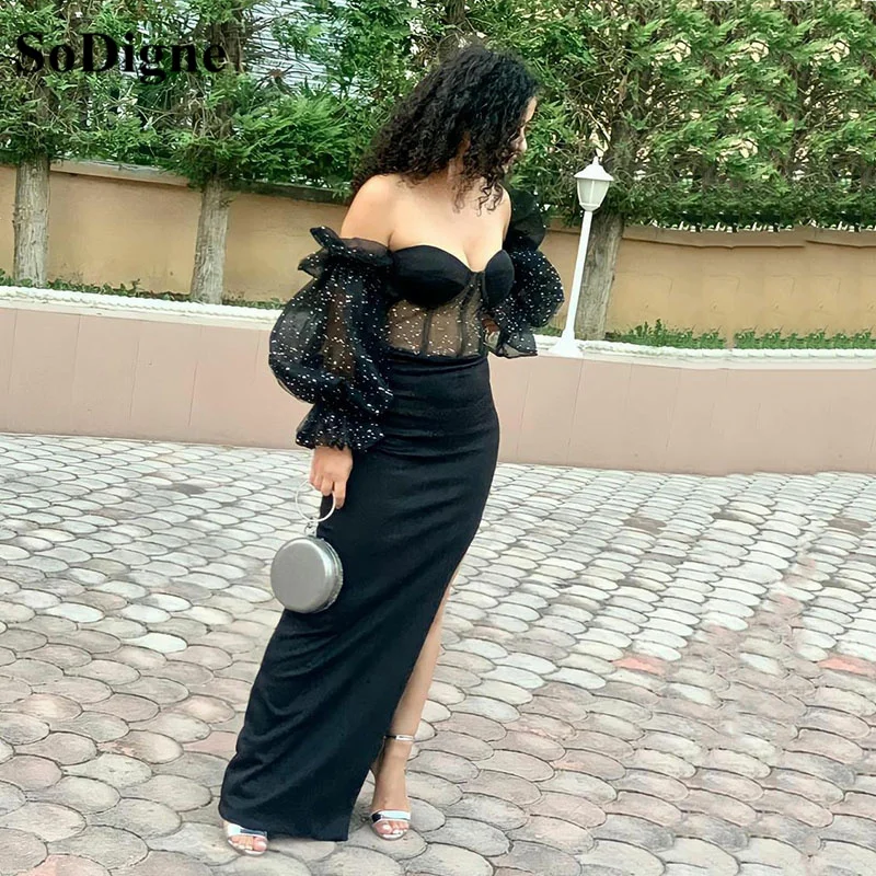 

SoDigne Black Puff Long Sleeve Evening Dresses Mermaid Exposed Boning High Slit Night Dress Party Gown Vestidos de festa