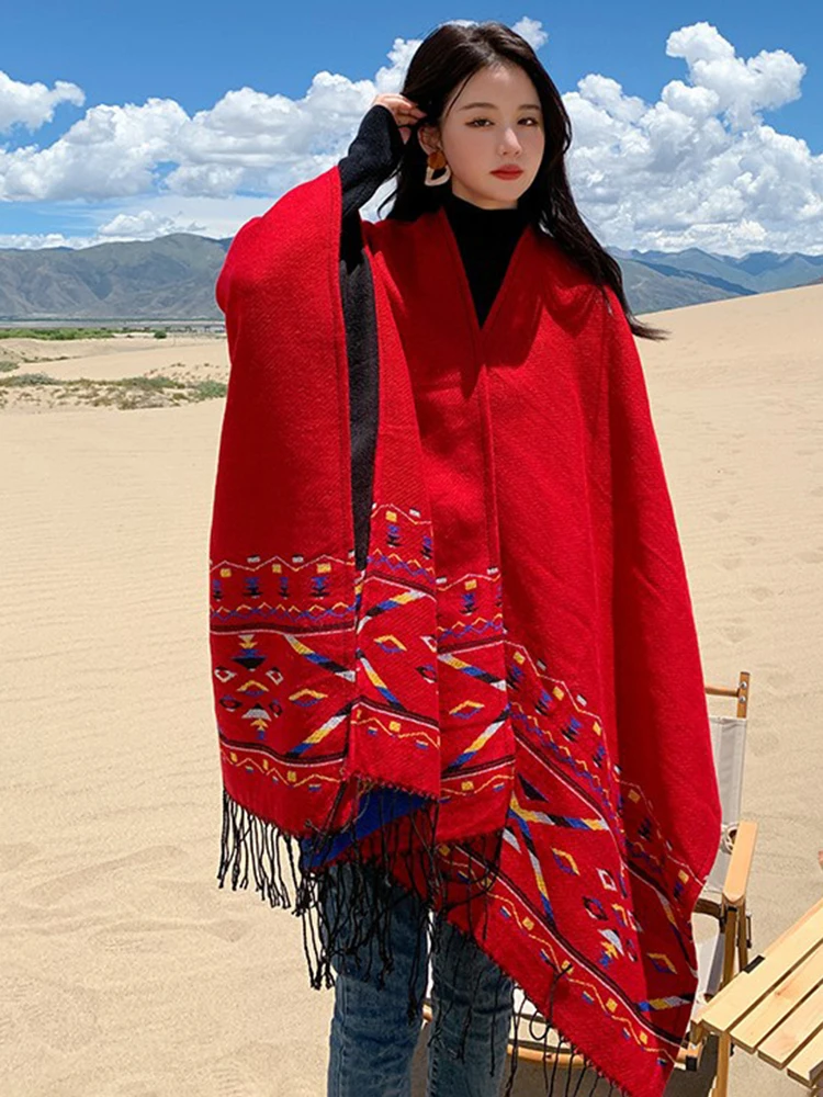 Ethnic Knitted Shawl Female Vintage Autumn Winter Travel Warm Scarf Cape Ladies Fashion Multifunction Tassel Poncho Women