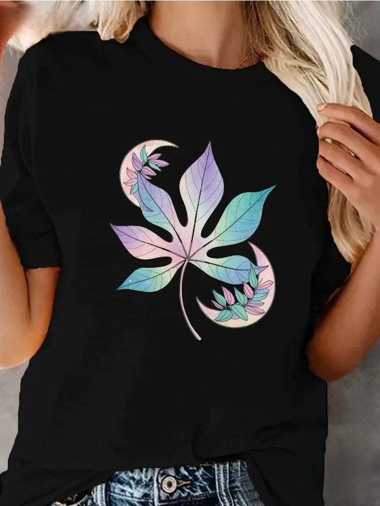 

Женская удобная модная хлопковая футболка с листом и полумесяцем, Новое поступление, подарок на день отца, большие размеры, повседневная футболка с коротким рукавом
