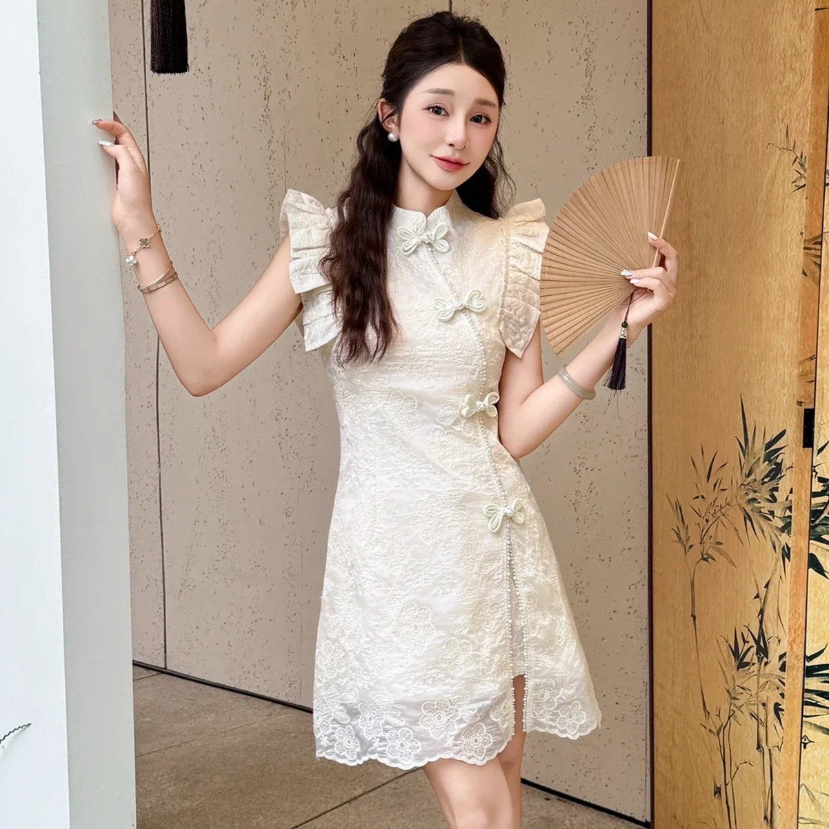 Butterfly Knot Buttons & Matching Shorts, Summer Casual Wear Chinese Style Modified Qipao Two-Piece Set, Short Sleeve Dress
