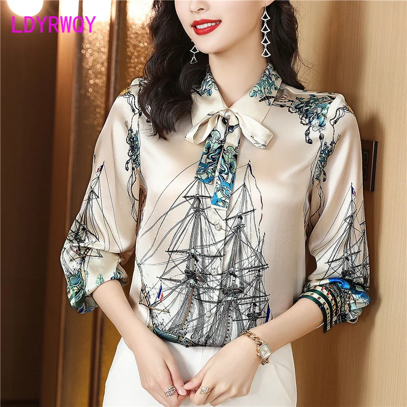 Silk shirt for women 2024 new autumn long sleeved mulberry silk printed fashionable loose fitting women's top for women