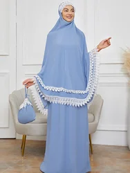 Ramadán Khimar Abaya mujeres musulmanas prenda de oración Dubai vestido de oración saudita adorno de encaje sedoso 2 piezas falda conjuntos Eid Niqab jilbab