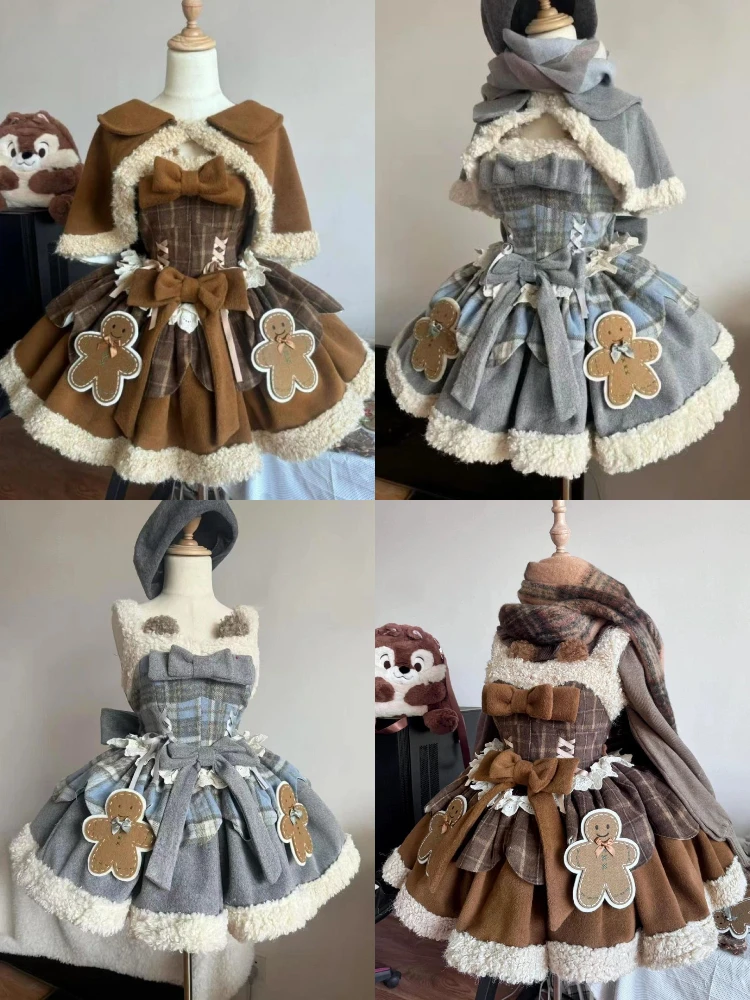 

Рождественские милые комплекты в стиле Лолиты, осенне-зимний женский милый плащ + пушистое плюшевое лоскутное платье на бретелях, японская одежда Harajuku Kawaii