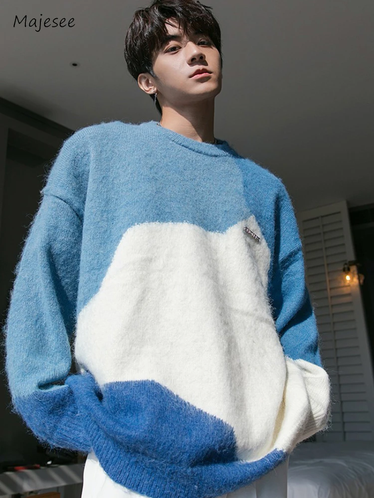 Sweater Men Fashion Casual Loose Oversize Japanese Style Panelled Spliced All-match O-neck Warm Teenagers Autumn Winter Youthful