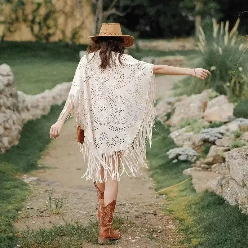 

Вязаная шаль с бахромой ручной вязки, богемный кружевной узор, вязаная крючком накидка для путешествий на открытом воздухе, пляжный отдых, универсальные аксессуары для одежды