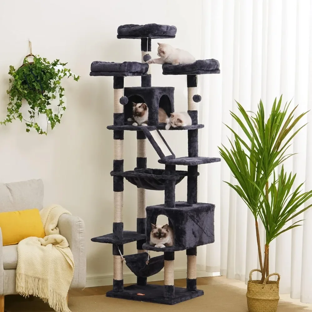 Cat Tower, with padded plush habitat, basket and scratching column, equipped with hammock and plush ball, cat tree