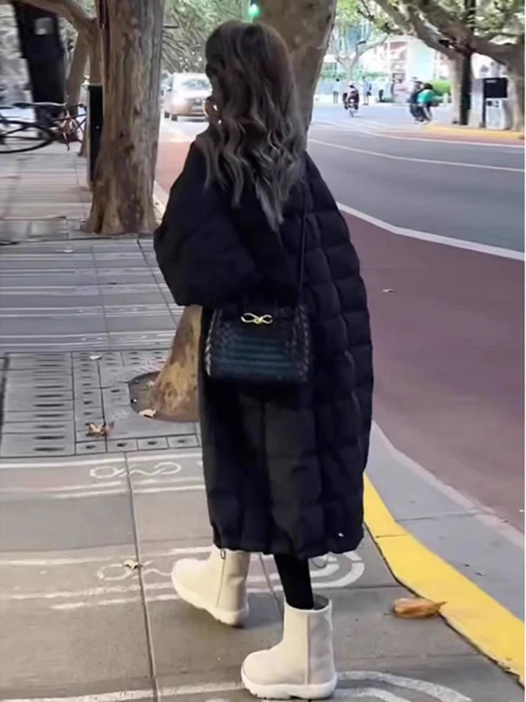 

plus Size Winter Cotton Jaet Thiened Fce Lined Warm Long Coat Loose Fit Korean Sle Bla Cotton Outerwear