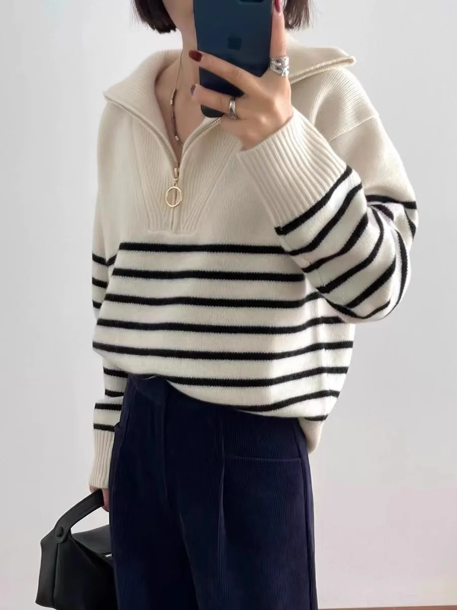 Autumn/Winter new classic striped zipper turtleneck + lapel 100% cashmere knit sweater women\'s bottom sweater