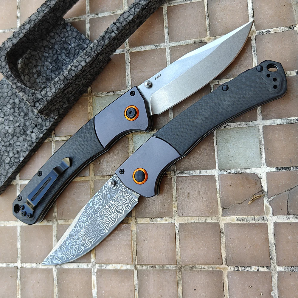 BM-cuchillo plegable de acero laminado chino Damasco/9Cr18MoV, fibra de carbono, aluminio, cobre, herramienta táctica de bolsillo para caza y campamento