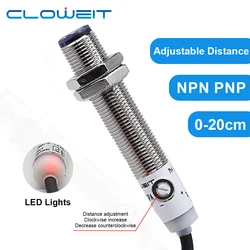 Cloweit M12 Diffused Photo Electric Sensor IP65 20cm Long Distance 24v NPN PNP Optical Infrared Switches
