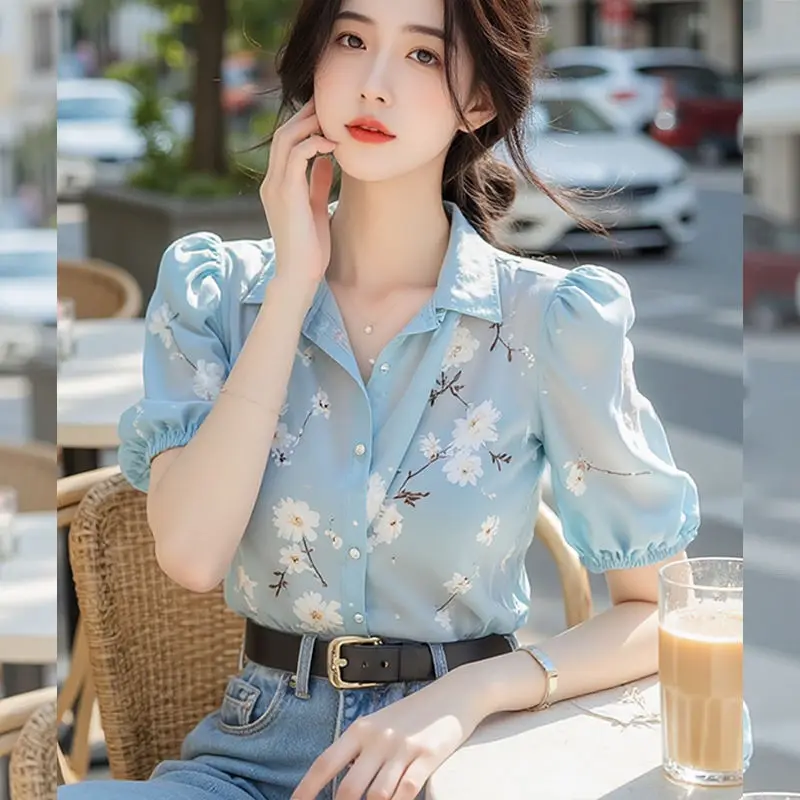 

Women Summer Korean Fashion Printing Polo Collar Short Sleeve Chiffon Shirts Ladies Simplicity Office Lady All-match Casual Tops