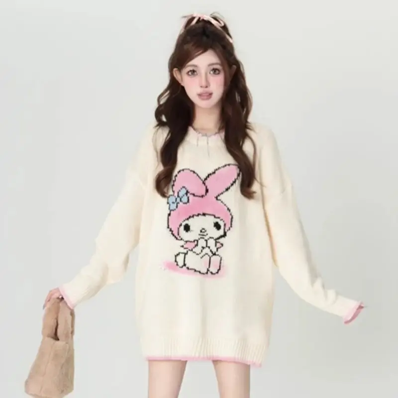 

Kawaii Knit Sweater My Melody Sanrioed Cartoon Cute Girls Loose Comfor Soft Knitwear Sweet Fashion Long Sleeve Round Neck Tops