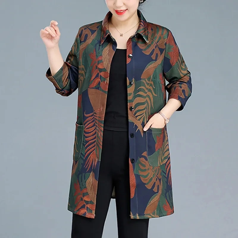 2025 primavera outono novo blusão feminino moda casaco impressão jaqueta de meia-idade idosa feminino meio blusão longo casaco