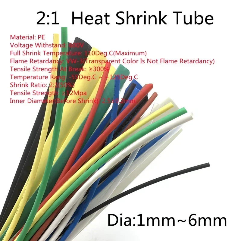 10M Heat Shrink Tube Dia 1~6mm Insulated Polyolefin 2:1 Shrinkage Ratio Wire Electronic Wrap Connector Line Repair Cable Sleeves