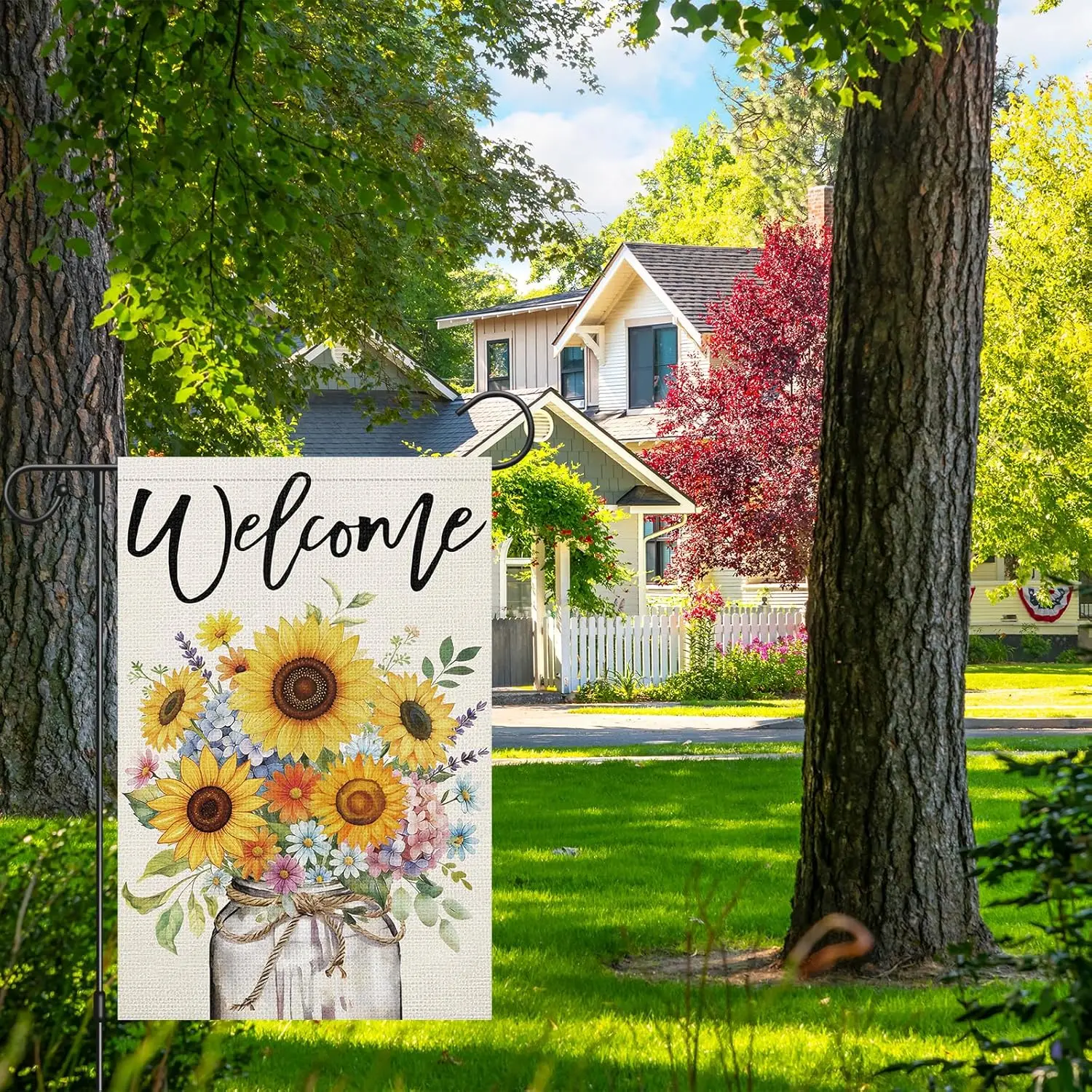 Heyfibro Welcome Summer Sunflower Garden Flag 12x18 Double Sided Burlap, Spring Summer Floral Mason Jar Yard Banner for Rust AAS